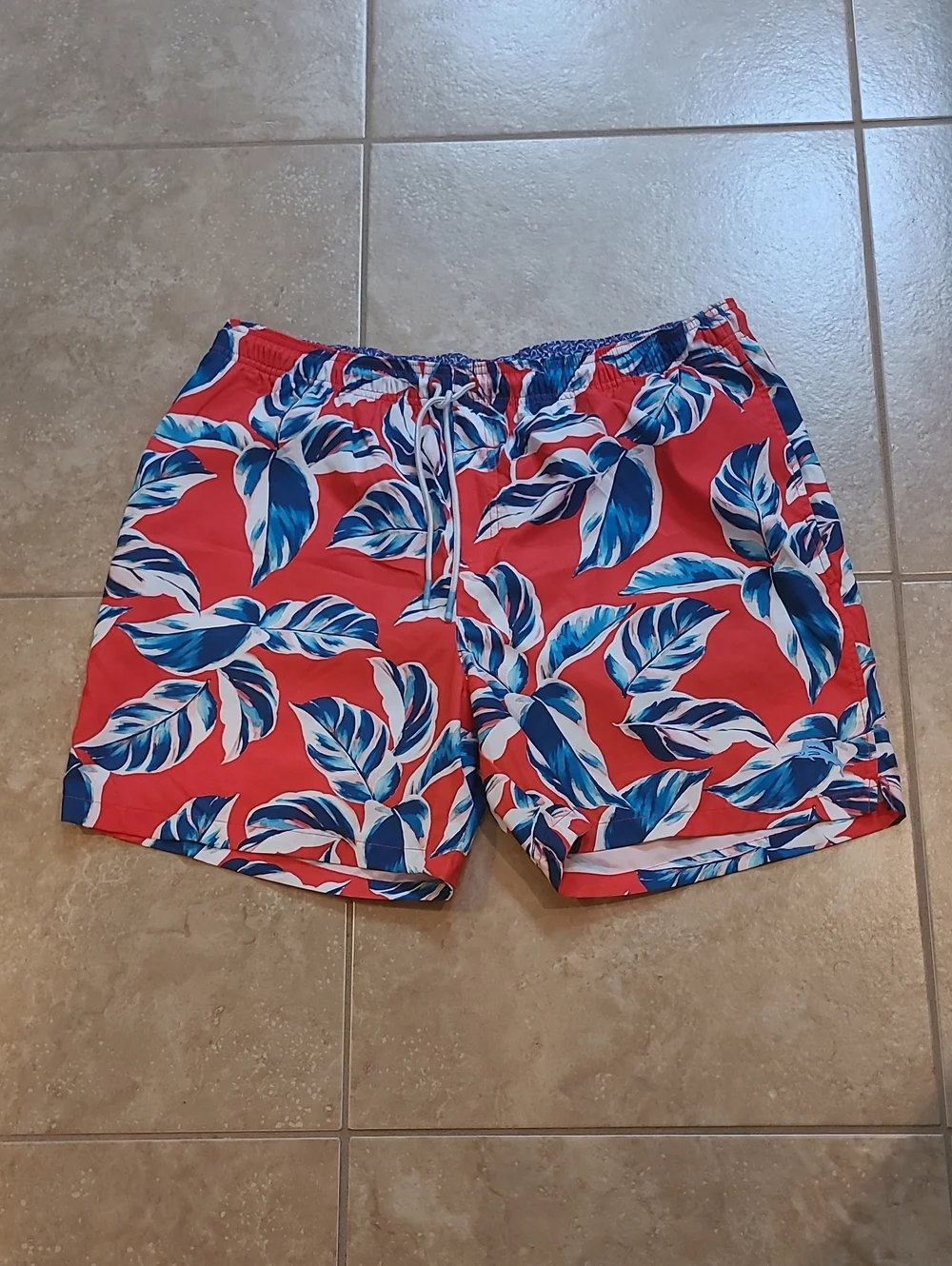Tommy Bahama Red Swim Trunks with Blue and White Tropical Leaves